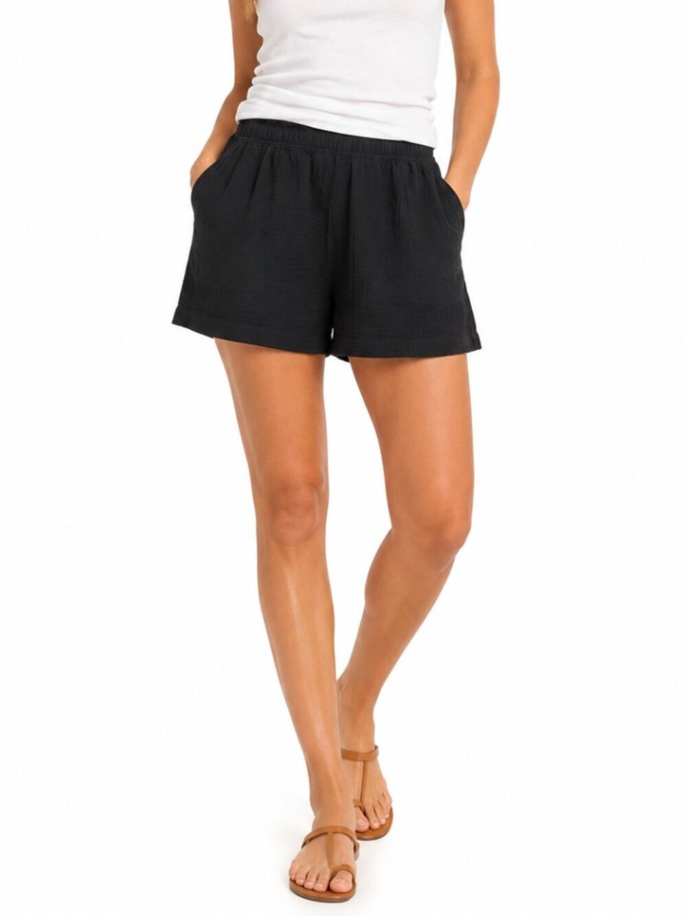 H&M Double Gauze Cotton 2.5" Shorts Blk Large Pull-On Hi-Rise Relaxed Minimalist